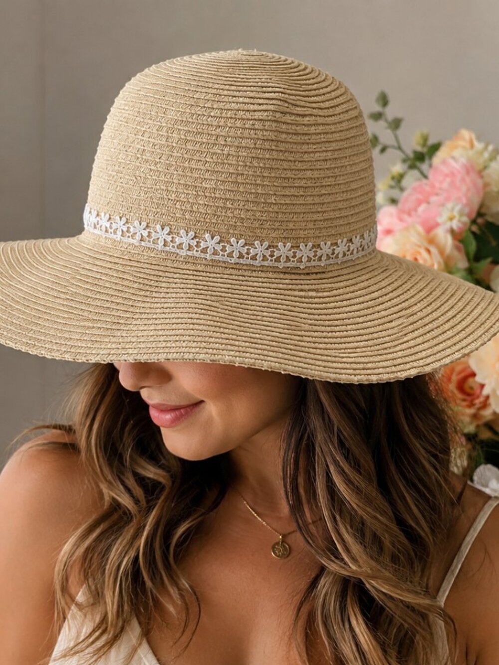 D&Y Women’s Oversized Wide Brim Floppy Sun Hat Beige Floral Trim One Size